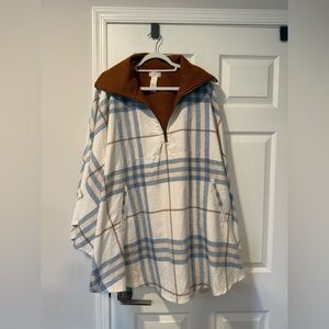 Free People Cream Plaid Poncho with Brown Collar